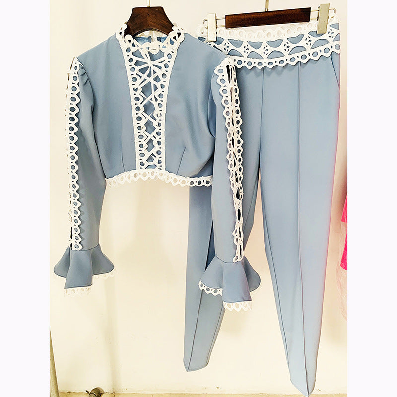 Stars Hollow Out Cutout Lace Bell Sleeve Short Top Skinny Pants Suit Two Piece Set