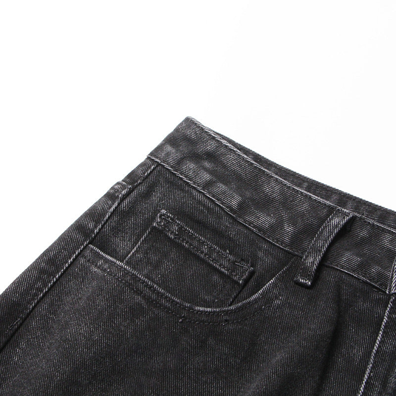 Pantalon en jean taille haute coupe droite, ample, troué, noir, drapé amincissant, jambe large, jean serpillière
