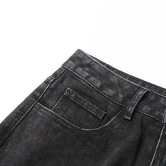 Pantalon en jean taille haute coupe droite, ample, troué, noir, drapé amincissant, jambe large, jean serpillière