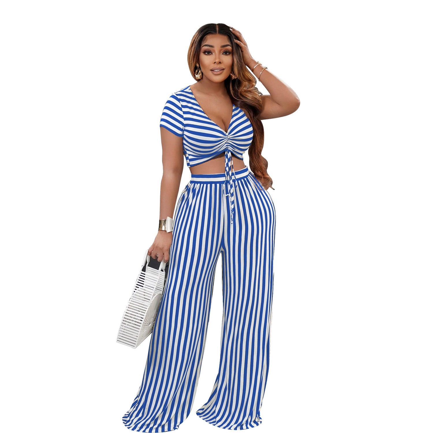 Two-Piece Striped Printed Two-Piece Suit Short Sleeve V-neck Loose