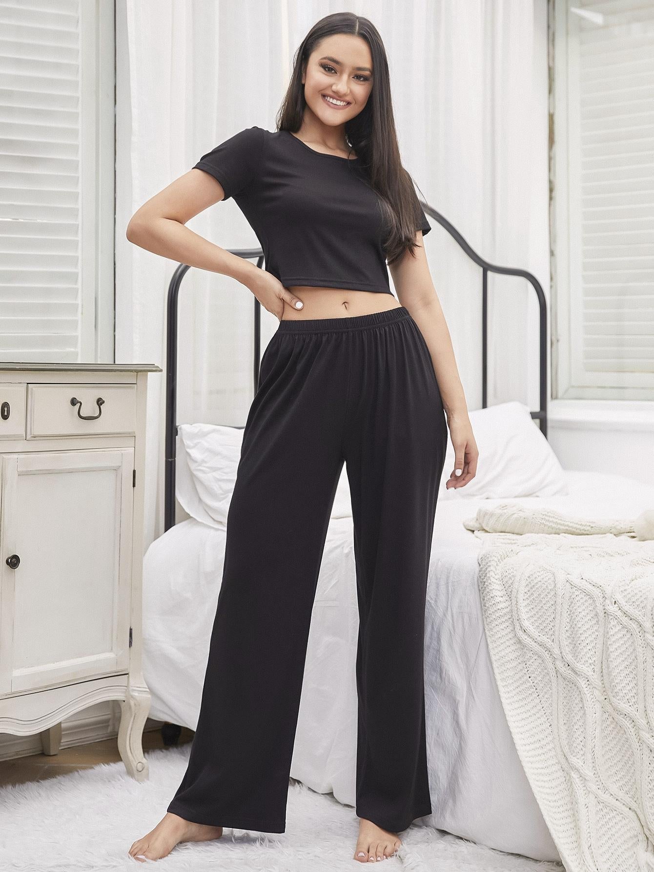 Solid Color Short-Sleeved Trousers Casual Suit Home Wear Pajamas