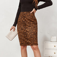 Smiley Face Leopard Suede Skirt High Waist Printed Midi Skirt