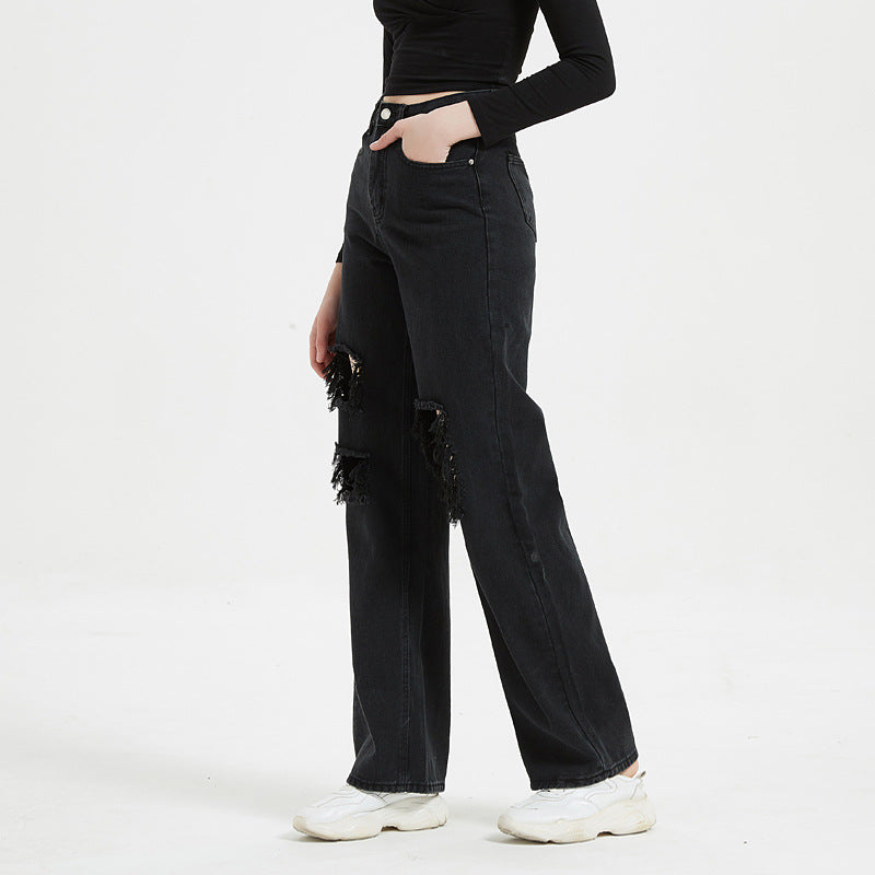 Jean taille haute déchiré et pantalon droit