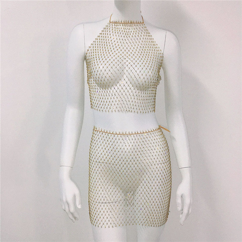 Ensemble jupe de plage en maille avec bretelles en résille et strass