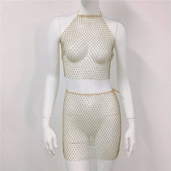 Ensemble jupe de plage en maille avec bretelles en résille et strass