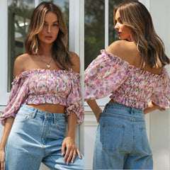 Lässiges bedrucktes Off-Shoulder-Top mit Laternenärmeln und Smokarbeit