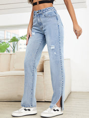 Lässige, gerade, lockere Jeanshose mit hoher Taille und schlankmachender Wirkung