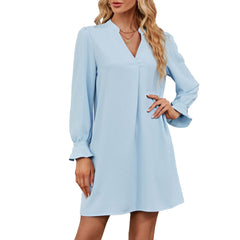 Solid Color V-neck Loose Lotus Leaf Long Sleeve Dress