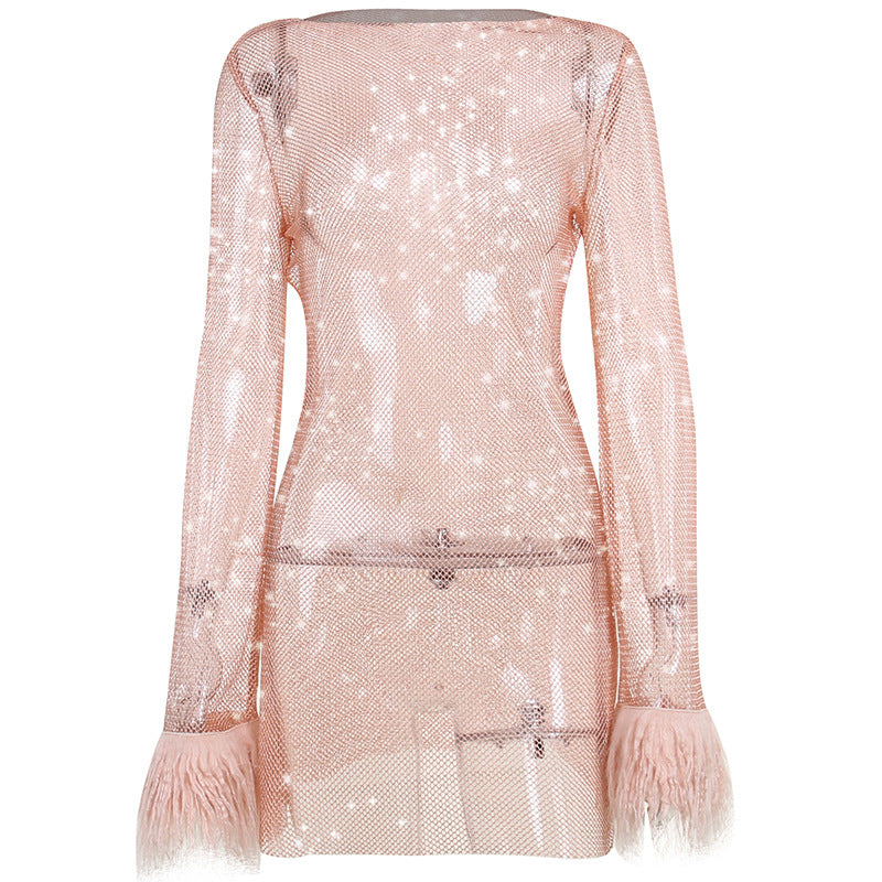 Robe en maille scintillante et fine en fourrure