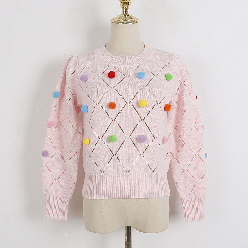 Pull à manches bouffantes et col rond, pull à découpes ajourées et colorées en boule de fourrure