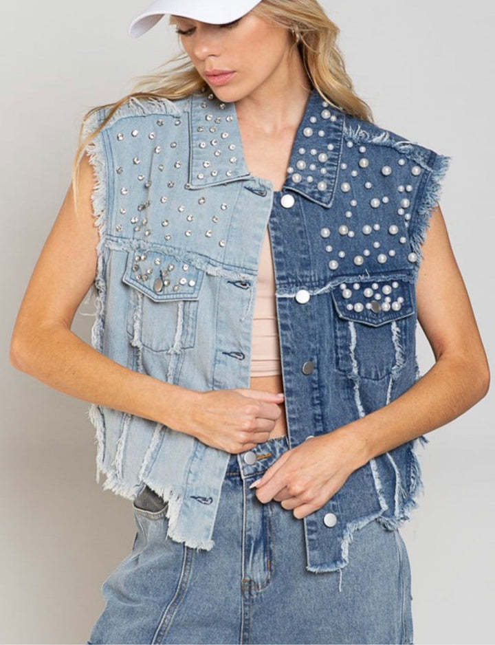 Denim Vest Splicing Beads Loose Short Denim Jacket