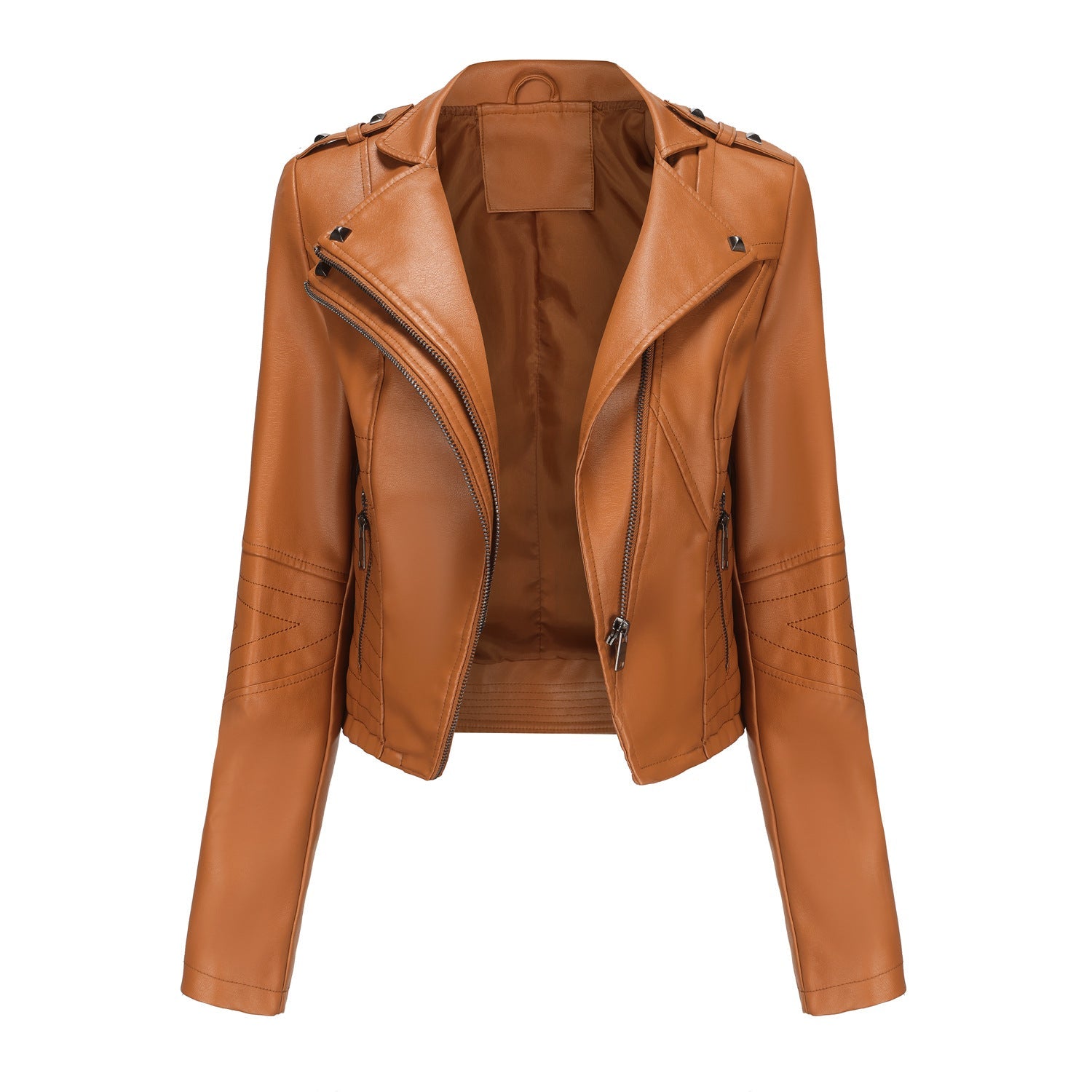 Veste en cuir slim fit à manches longues, veste courte à rivets, veste en cuir zippée