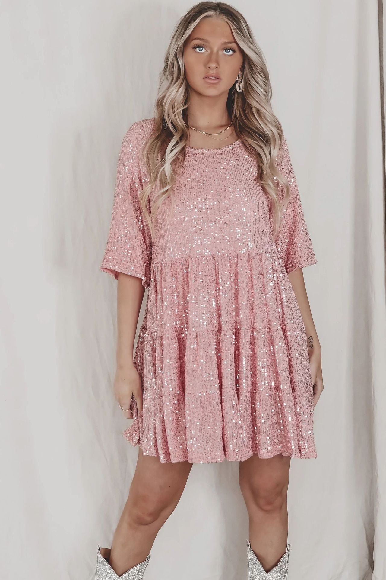 Sequined round Neck Short Sleeve Large Swing Cute Dress