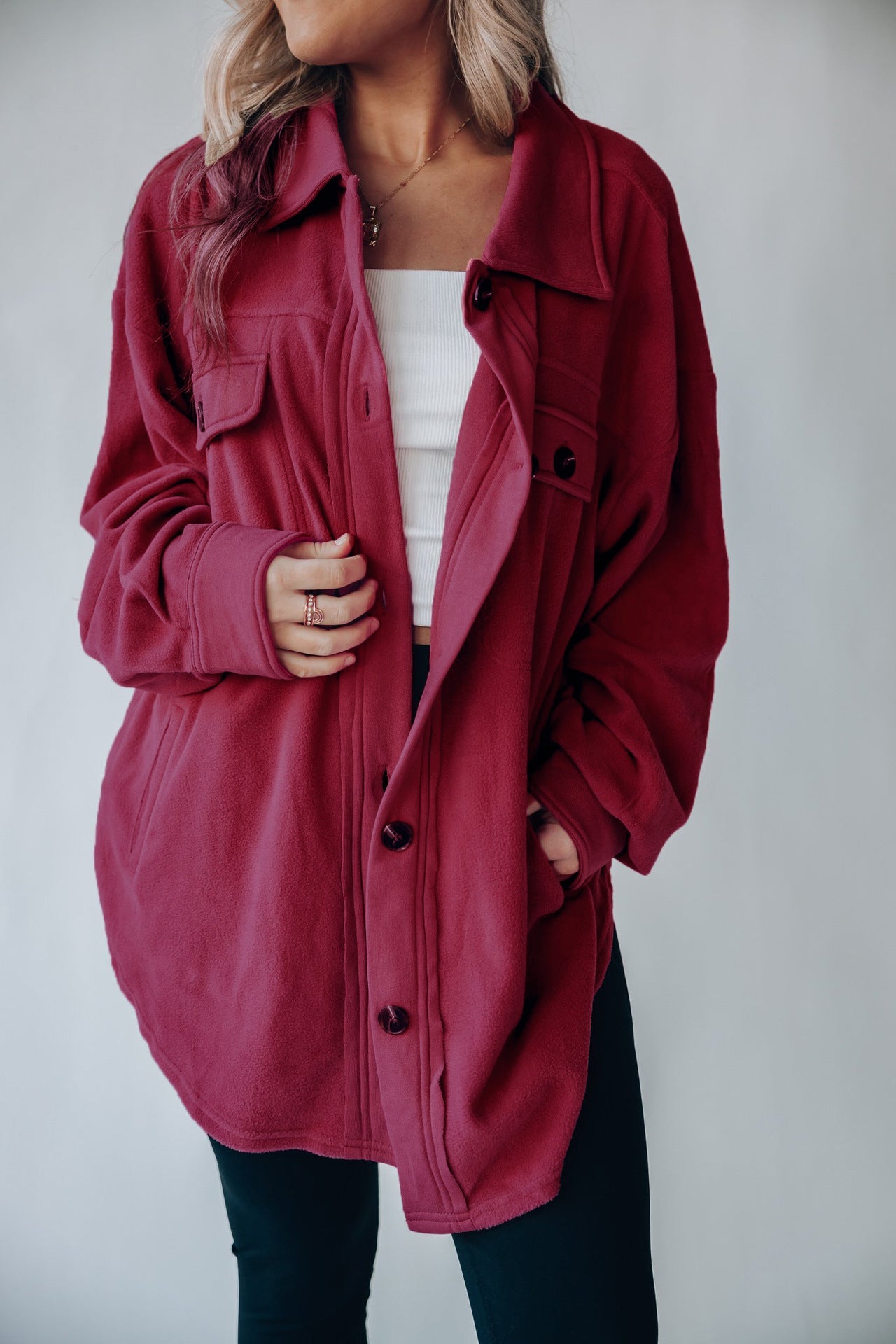 Fall Polo Collar Single Breasted Long Sleeve Shacket
