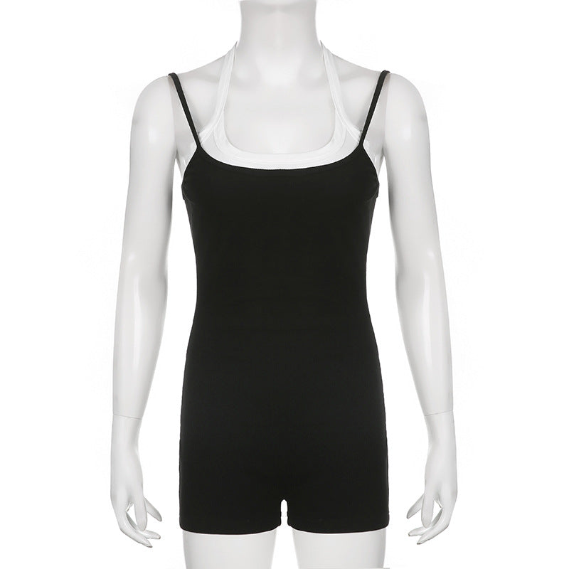 Stitching Contrast Color Halter Strap Street Casual Strap Jumpsuit