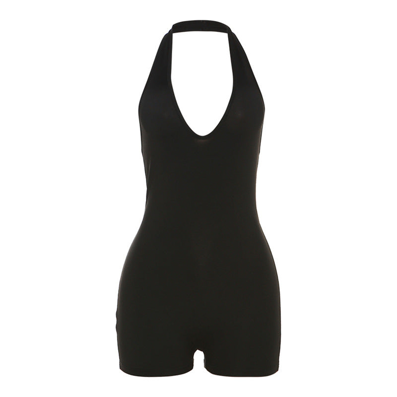 Lässiger, tiefer Kragen, Neckholder, hohe Taille, enger, rückenfreier Strampler