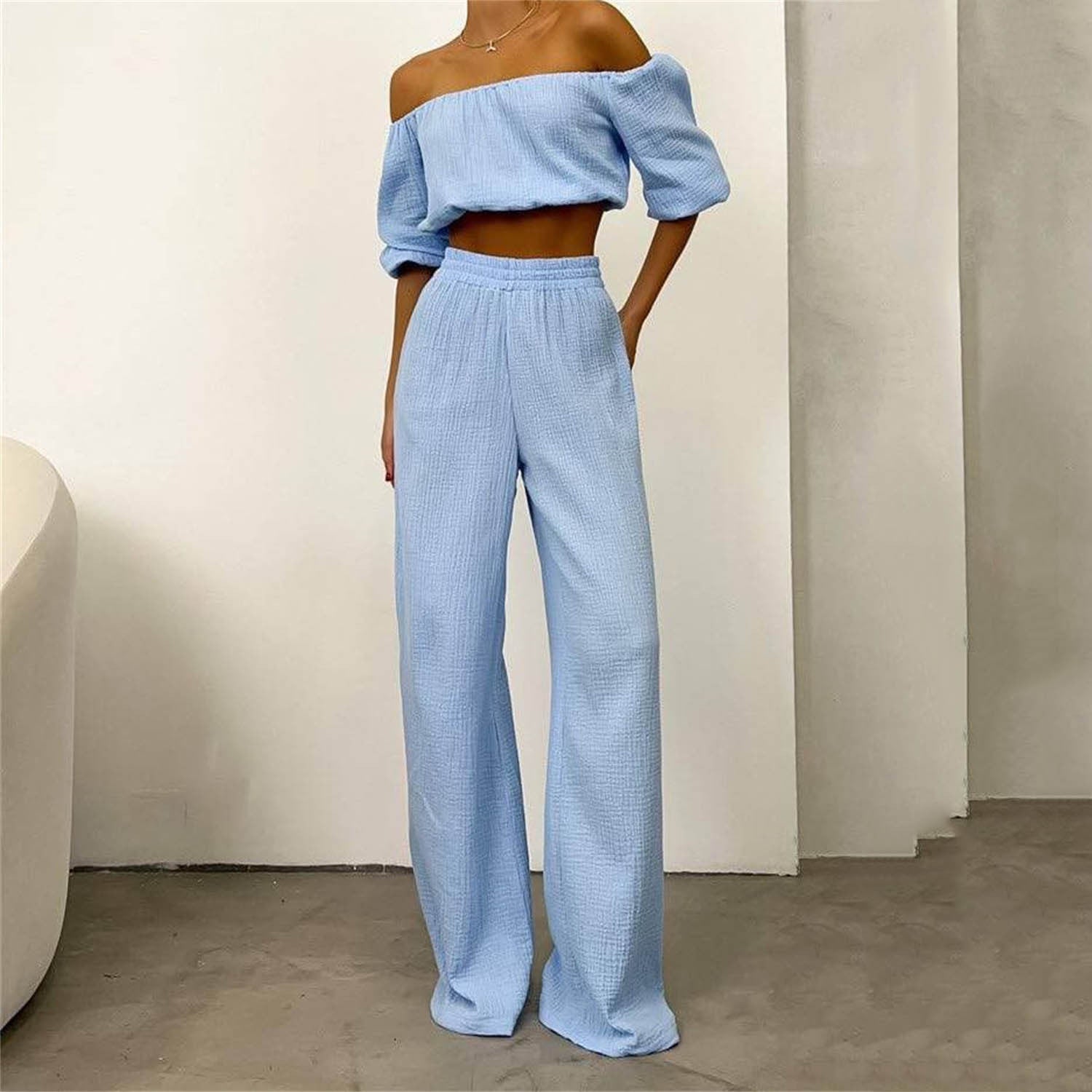 Two Piece Pure Cotton Champray Solid Color off Neck Short Sleeved Top High Waist Wide Leg Pants Casual Suit