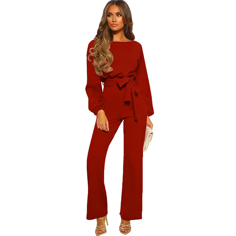 Solid Color Jumpsuit Pullover Long Sleeve Waist Wide Leg Pants