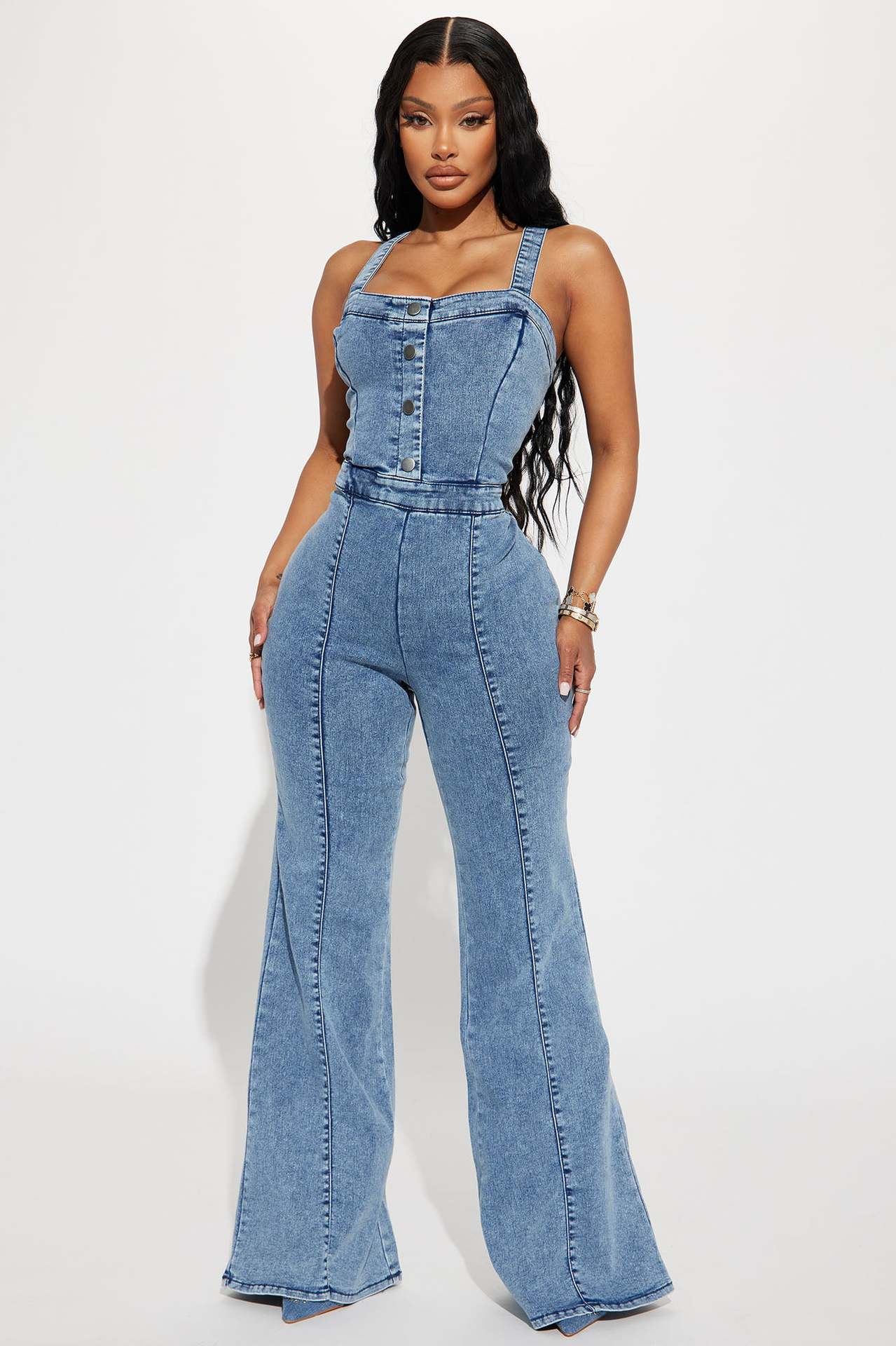 Denim-Jumpsuit, schmale Passform, Bodysuit, tailleneng, verwaschener Hosenträger-Jumpsuit