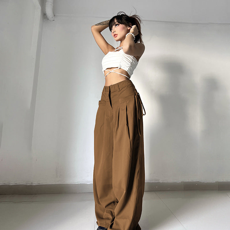 Distressed Grau Gewebte Hose mit geradem Bein Hohe Taille Lockere Slim Fit Hose mit drapiertem Band
