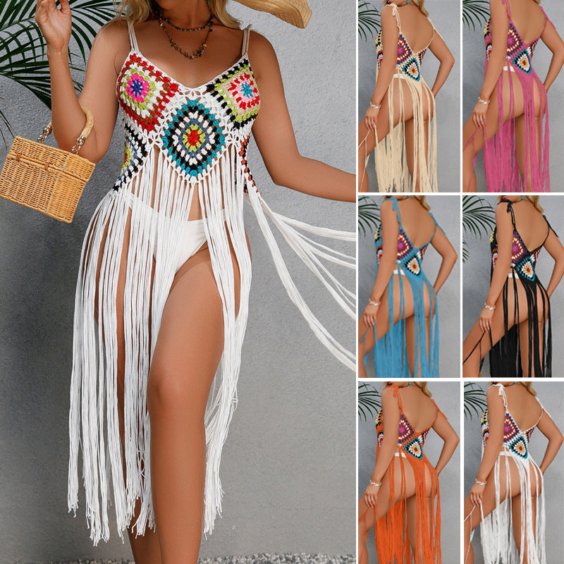 HCrocheting Tassel Beach Mid Length Dress Floral Block Beach Beach Cover Up Sun Protective