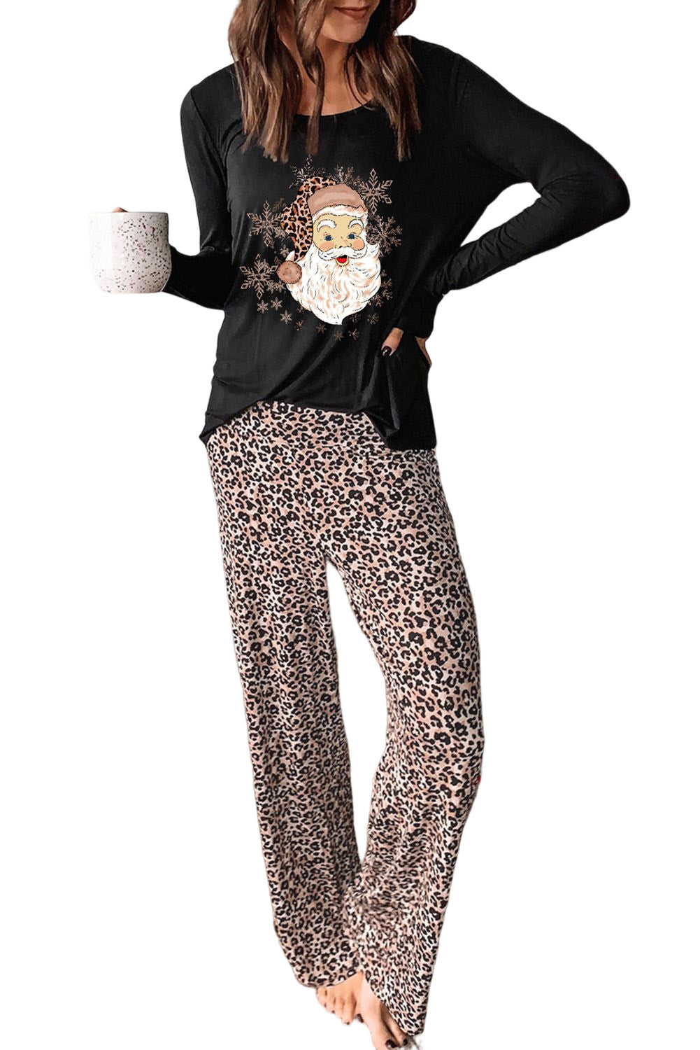 Long Sleeve Loungewear Suit Santa Leopard Print Loose Home Two Piece Set