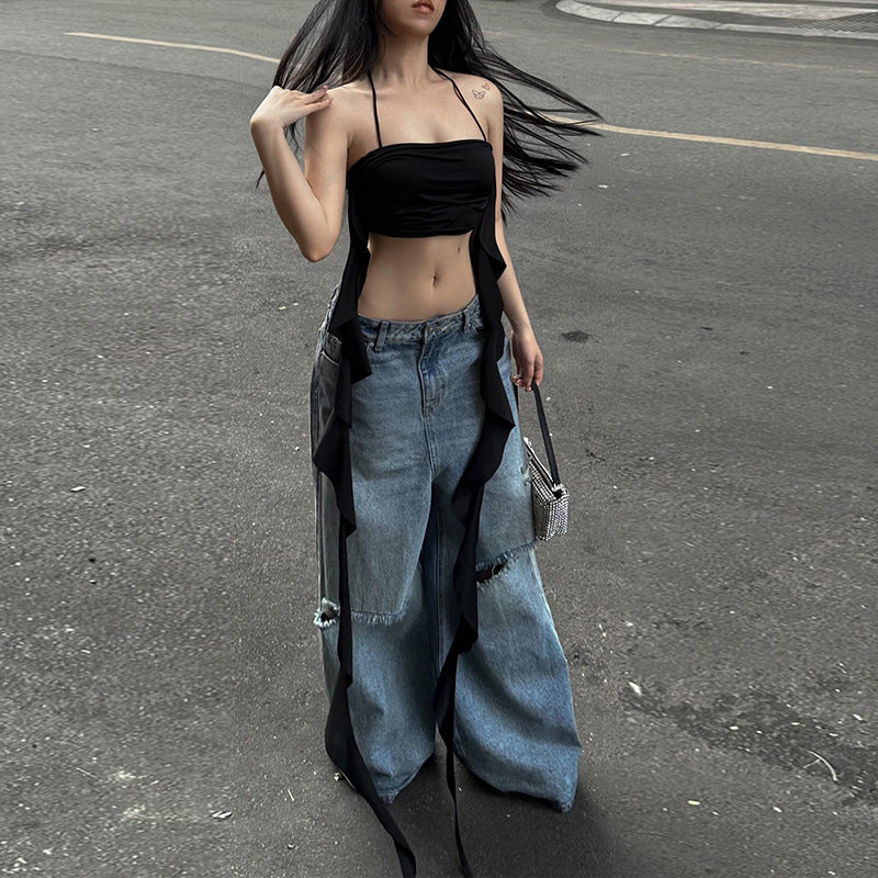 Halterneck off Shoulder Solid Color Irregular Asymmetric Short Top