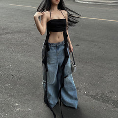 Halterneck off Shoulder Solid Color Irregular Asymmetric Short Top