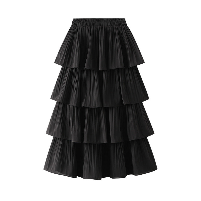 Wooden Ear Stitching Pleated Big Hem Skirt's Mid Length Tiered Dress