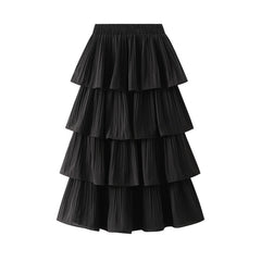 Wooden Ear Stitching Pleated Big Hem Skirt's Mid Length Tiered Dress