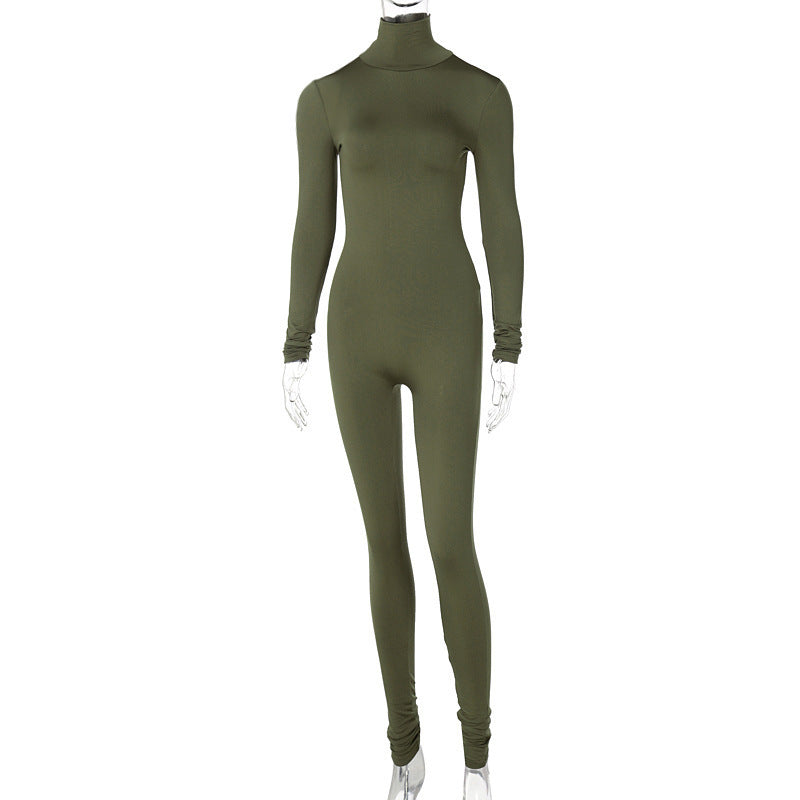 Solid Color Tight Long Sleeve Fleece Lined Jumpsuit Yoga Bodysuit