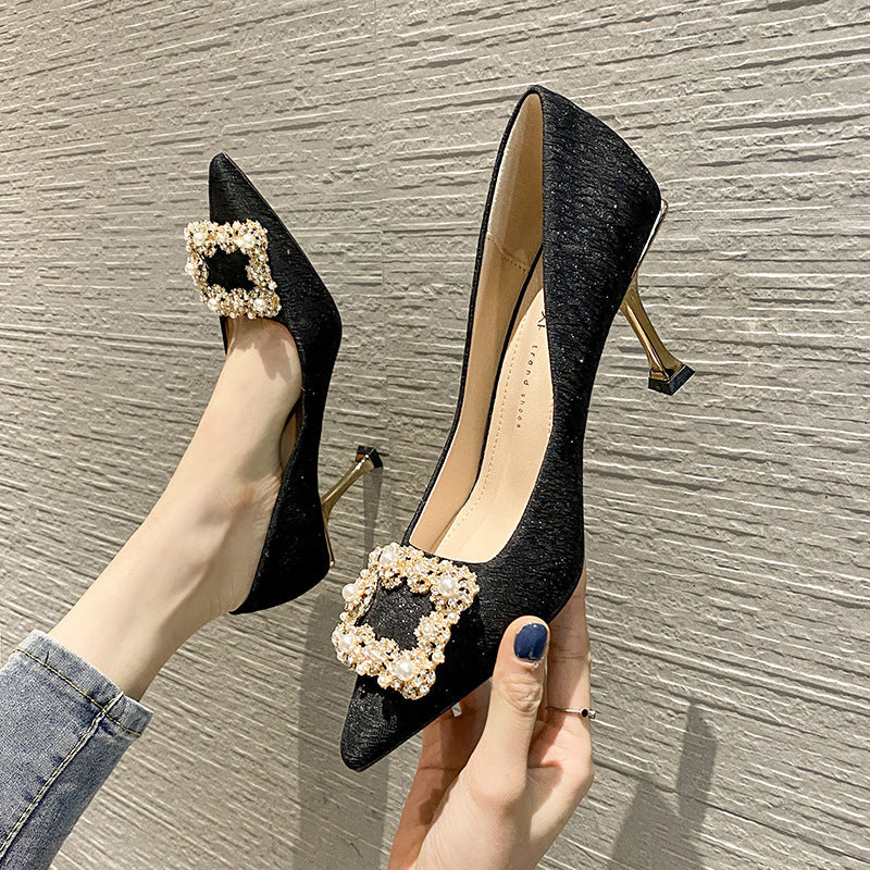 Women's Shallow Mouth Commuter Rhinestone Square Buckle Temperament Korean