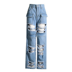 Ripped Frayed Stitching Jeans High Waist Wide Leg Pants Loose Street Slimming Retro Straight Leg Trousers