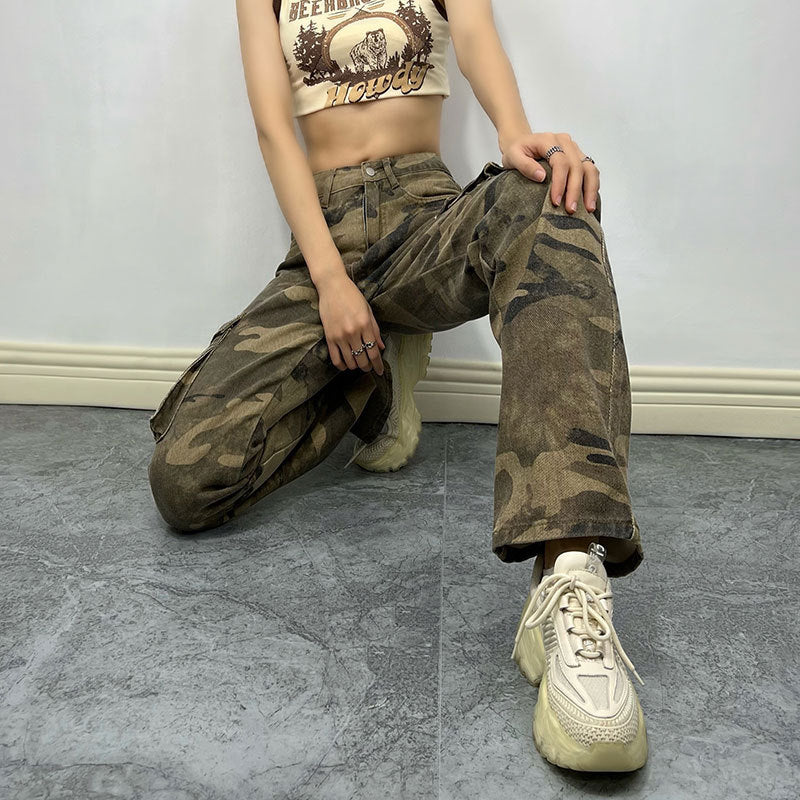High Street Camouflage Workwear Personality Pocket Jeans Street Hipster Straight Leg Pants Trousers