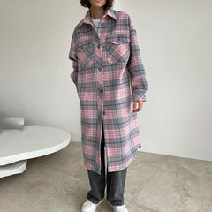 Long Sleeve Collared Plaid Coat Casual Woolen Long Cut Coat