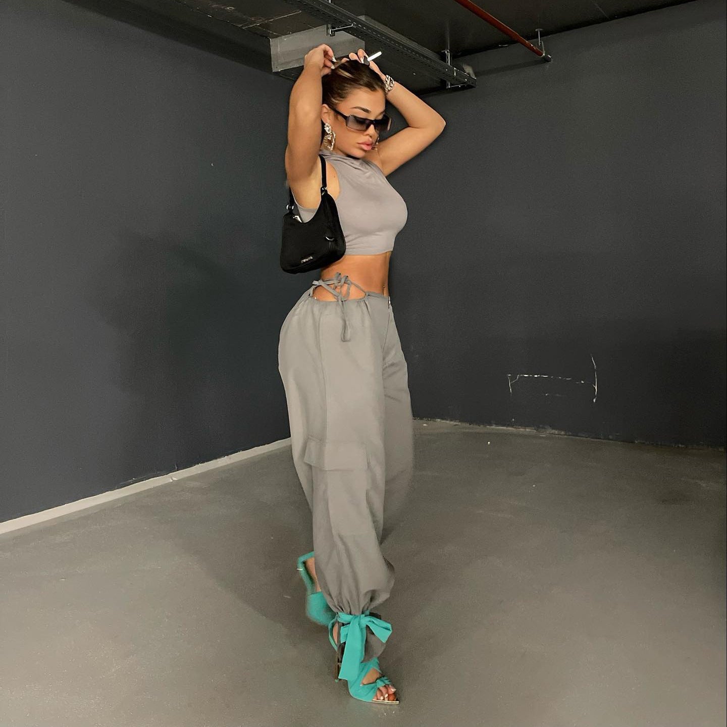 High Waist Hollow Out Cutout Drawstring Solid Color Ankle Banded Working Pants Retro Easy Matching Solid Color Straight Leg Pants