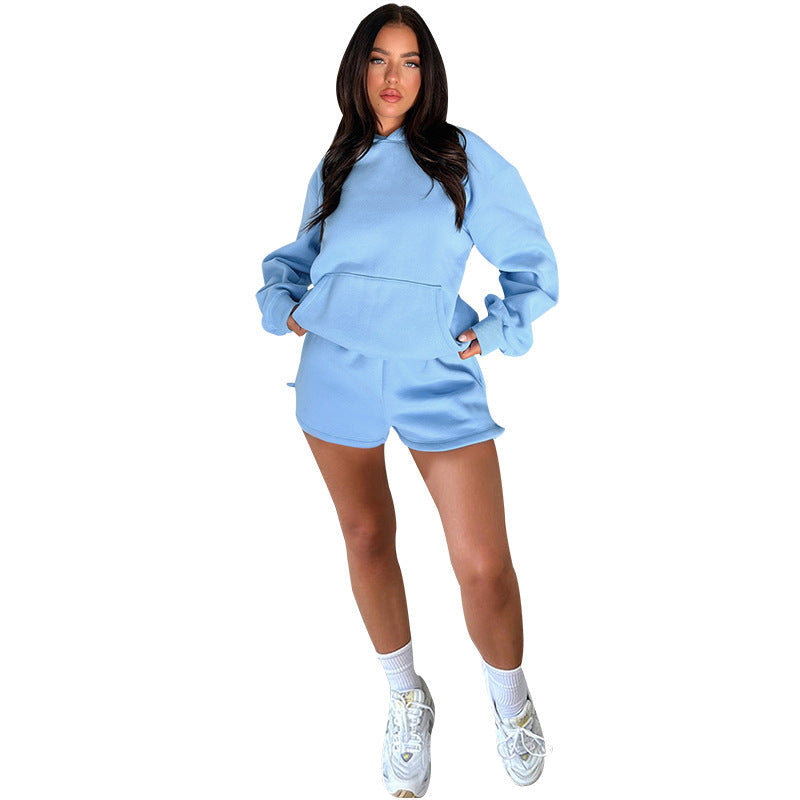 Solid Color Long-Sleeved Hooded Sweaters Two Piece Casual Shorts sets