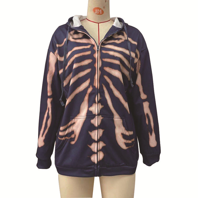 Halloween Hoodies mit langen Ärmeln und Reißverschluss und Totenkopf-Print