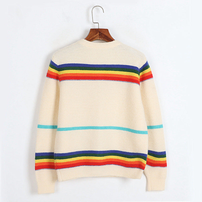 Dicker Jacquardpullover mit Regenbogenstreifen und lockerer Strickjacke