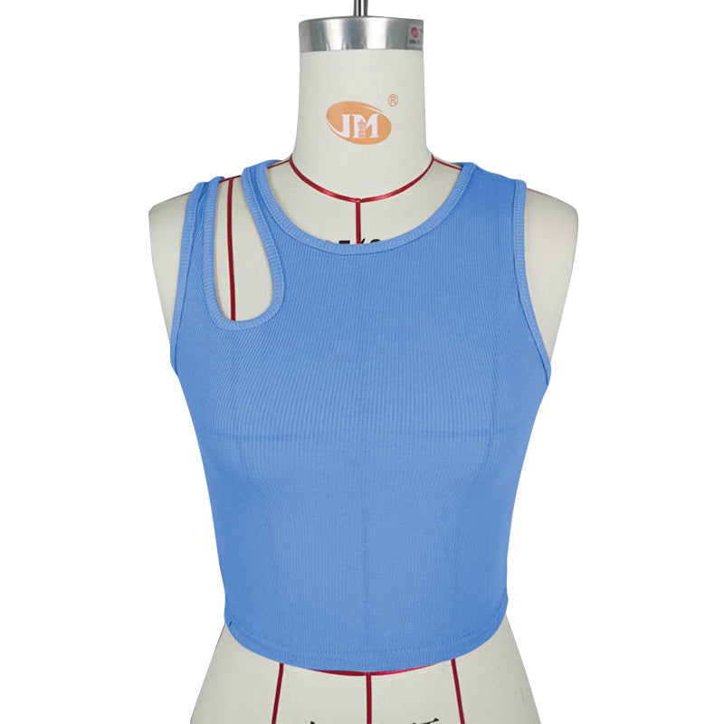 Ribbed Bare Cropped Slim Fit Top Hollow Out Cutout Sleeveless round Neck Vest