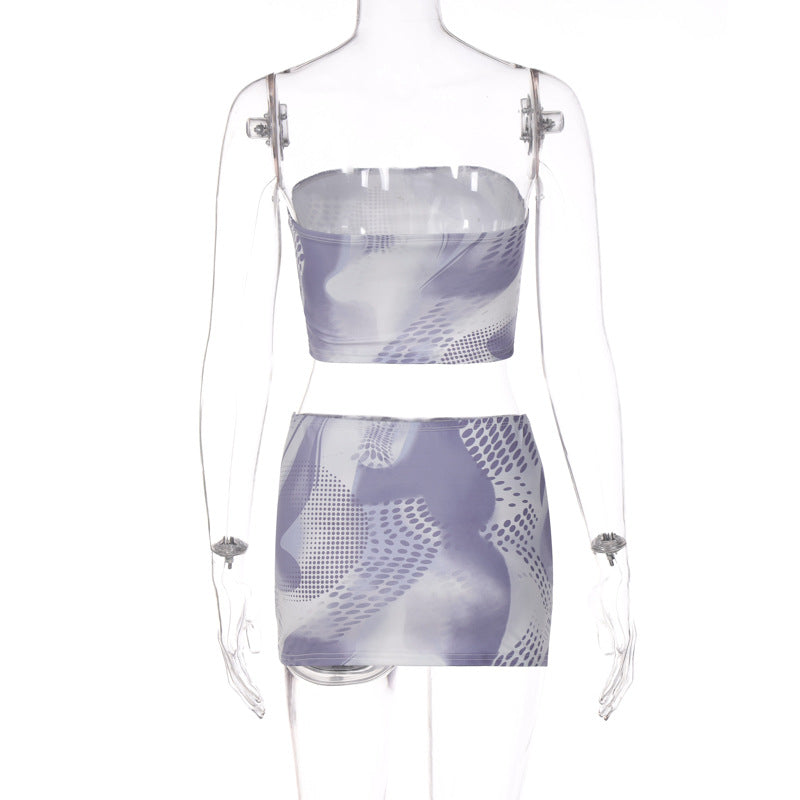 Abstract Printing off Neck Chest Vest Tight Ultra Short Hip Skirt Two Piece Set