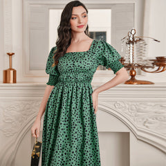 Fashionable Elegant Square Collar Puff Sleeve High Waist Dress