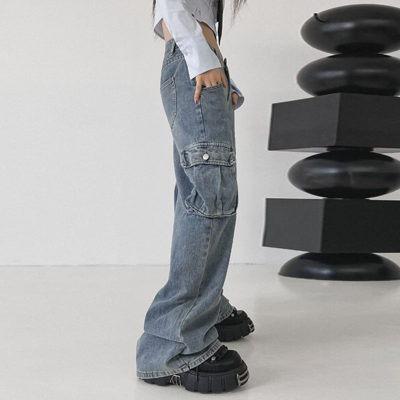 Pantalon droit drapé ample bleu vieilli de Big Workwear avec jeans à poches