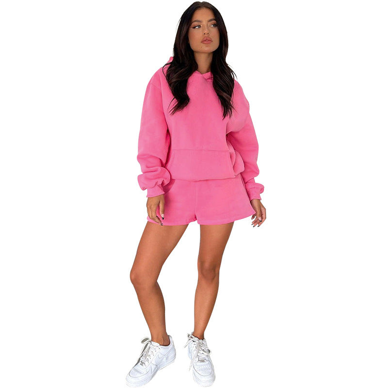 Solid Color Long-Sleeved Hooded Sweaters Two Piece Casual Shorts sets