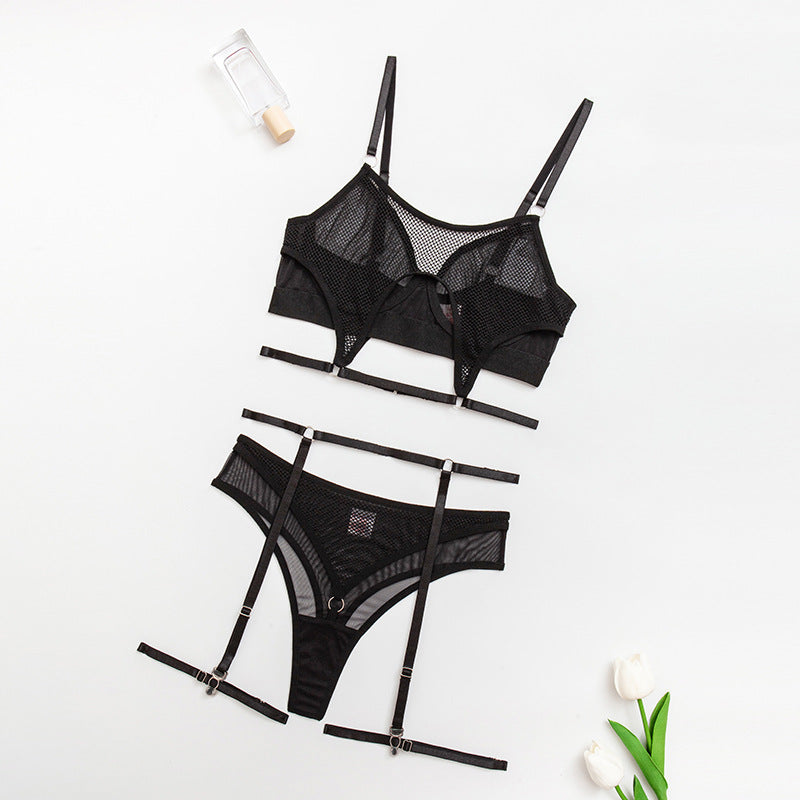 Ensemble de sous-vêtements push-up en résille ajouré et découpé avec anneau en acier, ensemble de quatre ou cinq pièces