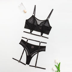 Ensemble de sous-vêtements push-up en résille ajouré et découpé avec anneau en acier, ensemble de quatre ou cinq pièces