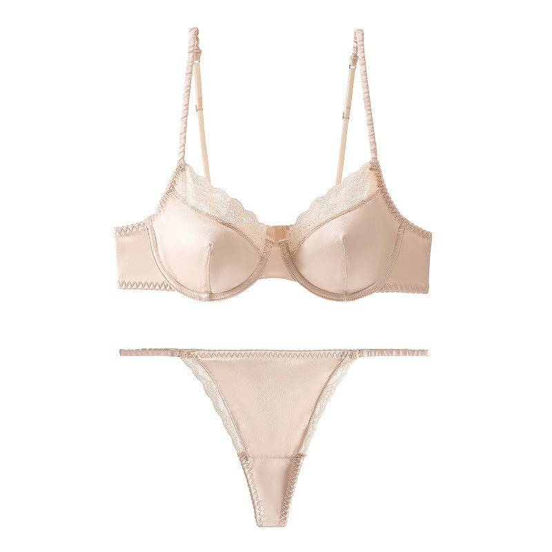 Französische Unterwäsche, dünner Satin, glänzender Spitzenrand, reine Schnalle vorne, geformter Rücken, BH-Set