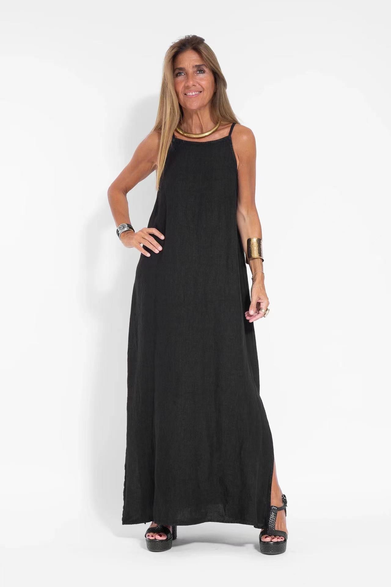 Fashionable Cotton Linen Slit Sleeveless Loose Dress