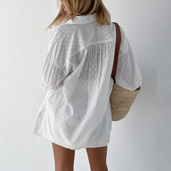 French White Jacquard Cotton Puff Sleeve Casual Shorts Suit Homewear Cool Pajamas