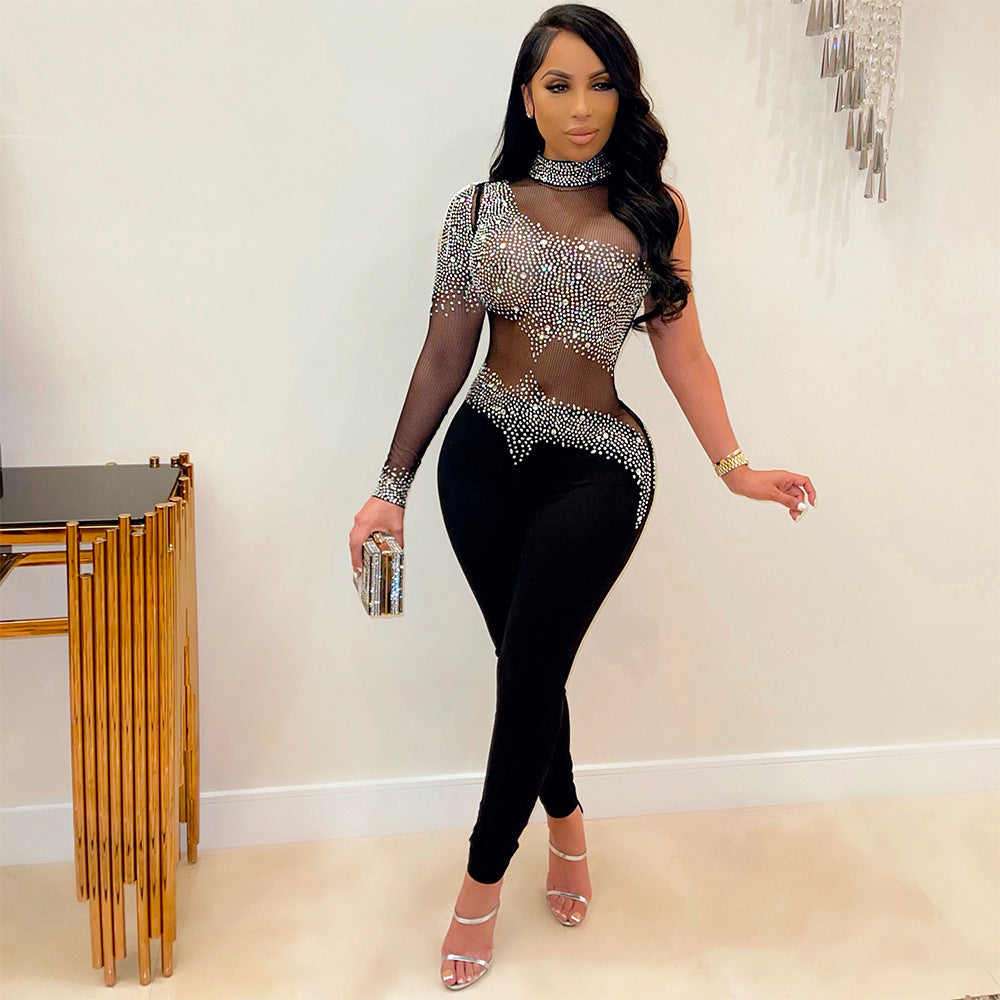 Mesh See-through Rhinestone Long Sleeve Jumpsuit
